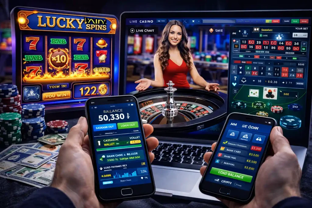Online casino deneyimi: slot oyunları, canlı rulet krupiyesi ve mobil cihazlar üzerinden dijital casino platformu kullanan oyuncular